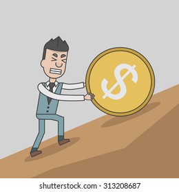 Business man pushing a huge coin with dollar sign uphill, vector, illustration