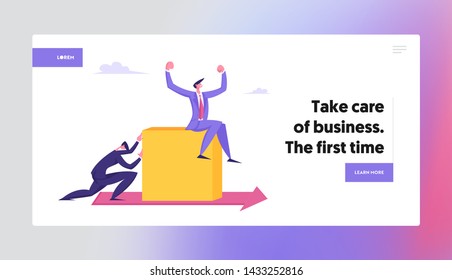 Business Man Pushing Huge Cube with Businessman Sitting on Top along Red Arrow on Floor. Competition Challenge, Right Direction Website Landing Page, Web Page. Cartoon Flat Vector Illustration, Banner