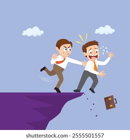  Business man Pushing male partner off cliff. Business dishonesty. Flat, Vector, Illustration, Cartoon, EPS10.   