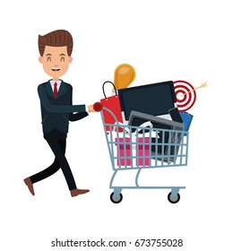 Business Man Pushing Shopping Cart Full