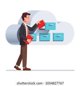 Business man putting document file folders in the cloud storage cabinet with drawers. Business clerk doing archive paperwork. Cloud storage technology concept. Flat vector character illustration