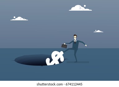 Business Man Putting Dollar In Hole Economic Fail Crisis Concept Flat Vector Illustration