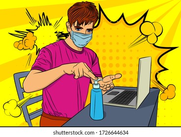 Business man in quarantine working from home. Cleaning his hands with sanitizer gel. - Comic book style, cartoon man sitting in a home office.