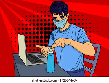 Business man in quarantine working from home. Cleaning his hands with sanitizer gel. - Comic book style, cartoon man sitting in a home office.