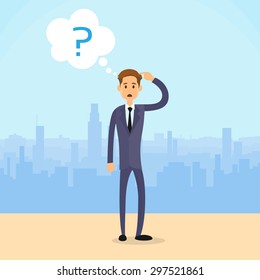 Business Man Question Mark Concept City Skyscraper Silhouette Flat Vector Illustration