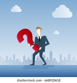 Business Man With Question Mark Pondering Problem Concept Flat Vector Illustration