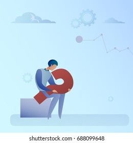 Business Man With Question Mark Pondering Problem Concept Flat Vector Illustration