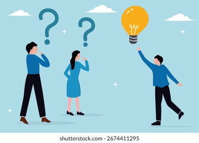 Hombre de negocios con signo de interrogación. Solución de problemas con solución, pregunta, respuesta, consejo o sugerencia, concepto de guía de información, idea de negocio y concepto de solución.