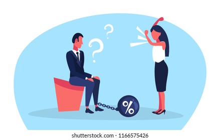 business man question marks chain bound leg credit debt finance crisis concept woman boss angry shouting conflict flat full length horizontal vector illustration