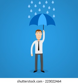 Business man in rain with umbrella. Vector illustration