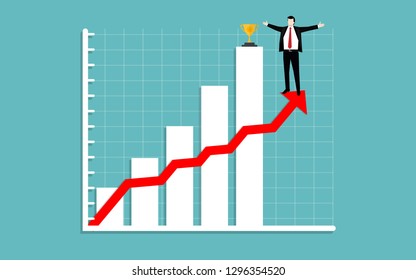 Business man raise arm standing on growth chart and gold trophy, Successful business concept, Illustration vector flat