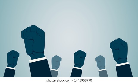 business man Raised fist hand protest in flat icon design on blue color background