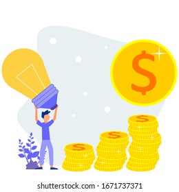 The business man raised a lamp to the golden coin ladder with new ideas. Modern vector illustration.