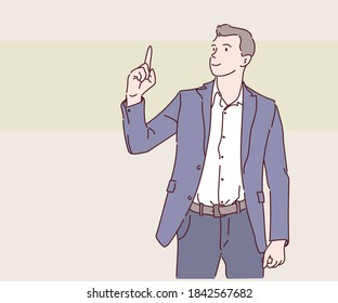 A business man raises his fingers with confidence for success and luck in work. Hand drawn in thin line style, vector illustrations.