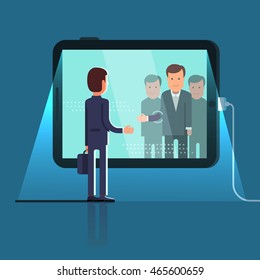 Business man reaching through the glass to shake hands with group of partners on conference video call via huge tablet computer. Flat style concept vector illustration isolated on dark background.