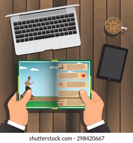 Business Man Read A Book In Coffee Time. Vector Illustration
