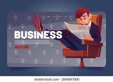 Business man read newspaper cartoon landing page. Businessman sitting on chair reading finance news with cross legs lying on desk. Boss in formal suit work with publication press, Vector web banner