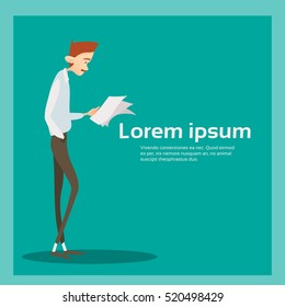 Business Man Read Paper Document Contract Full Length Businessman Flat Vector Illustration