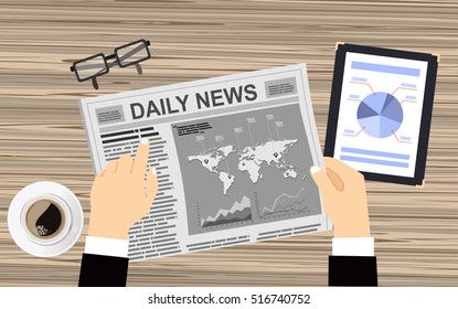 Business man reader Newspapers with a cup of coffee. Flat design style.