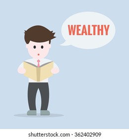 Business man reading a book and wondering with key important keyword WEALTHY, idea concept vector