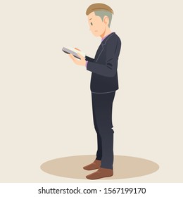 Business man reading books. Book lover, reader, isolated on background. Flat cartoon vector illustration.