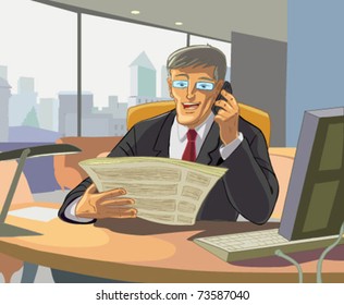 business man reading a newspaper office and said by mobile phone