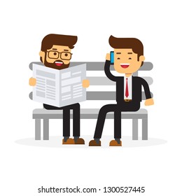 Business man reading newspaper and man using smartphone