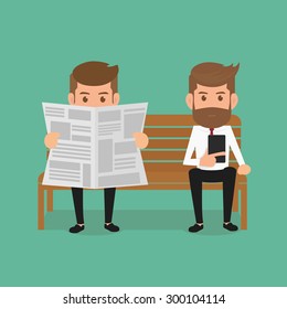 Business man reading newspaper and using smartphone. Cartoon Vector Illustration.