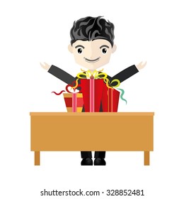 Business man ready gift box for surprise and happy. vector
