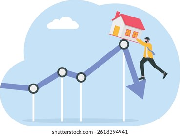 Business man in real estate or housing prices rising low prices ,Property and housing market collapse Recession, Housing Crisis Real estate. The housing market is falling.vector illustrator.

