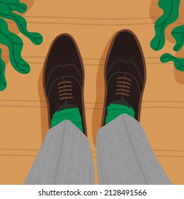 Business Man Or Realtor In Office In Leather Shoes, Green Socks And Plaid Pants. Male Feet Top View Selfie. Classic Outfit For City Man Vector Illustration.