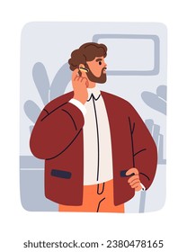 Business man receiving, answering incoming mobile phone call with earbud. Businessman speaking, talking on cellphone with hand-free ear headset. Work communication concept. Flat vector illustration