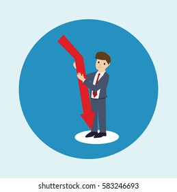 Business man with red down graph. Business concept. flat design. vector illustration