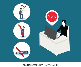 Business man with Red down graph and question mask . Business concept Isometric 3d design vector illustration