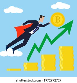 A business man in red superhero cape is flying in the sky over stack of coins with green growing graph, one hand is holding big crypto currency coin. Successful crypto currency’s investment concept