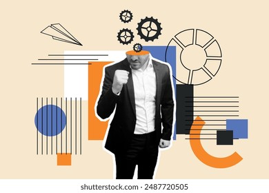 El hombre de negocios se regocija en la victoria y el liderazgo. Brainstorm Moderno collage de moda en semitono. Concepto de negocio. Los hombres trabajan con trajes en una computadora. Vector. Formas geométricas. Bauhaus. Elementos modernos