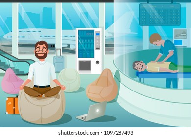 Business Man Relax in Massage Room. Airport Relax Zone for Yoga Recreation Meditation. Wellbeing Freelancer Travel Concept. Vector Illustration of Cartoon People Character.