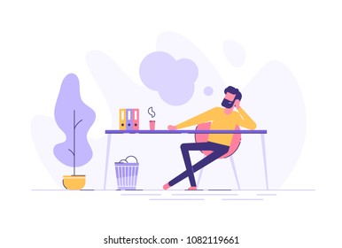 Business Man Is Relaxing And Dreaming About Something At His Work Place. Modern Office Interior. Business Concept. Vector Illustration.