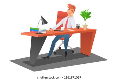 Business man is relaxing and dreaming about something at his work place isolated on white vector illustration