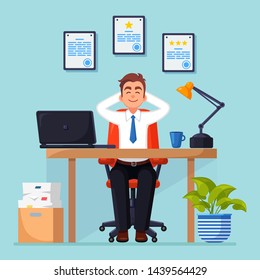 Business man is relaxing and dreaming about something at office chair. Workplace with laptop, lamp, paper, documents. Vector cartoon design