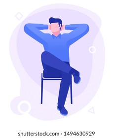 Business man is relaxing and dreaming about something at his work place. Modern office interior. Business concept. Vector illustration.