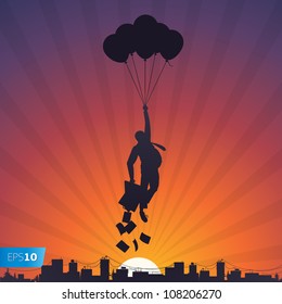 Business man relaxing and flying on balloons to the sky, vector Eps10 image