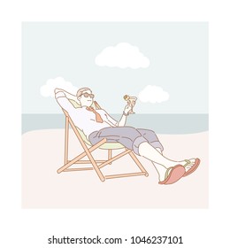 business man resting at beach on the beach chair.  hand drawn style vector doodle design illustrations.