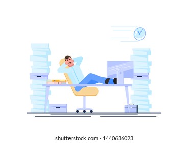 Business man is resting at his workplace desk during working hours with the piles of paper document around. Procrastinating and wasting time concept. Vector illustration. - Vector illustration