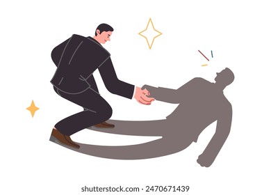 Business man restores self-confidence and sense of pride by extending hand to own shadow. Self-centered guy in formal suit with large alter ego obtained through pride in achievements along career path