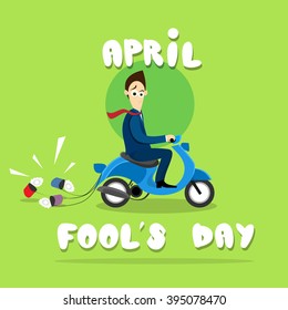 Business Man Ride Electric Scooter With Cans, First April Fool Day Happy Holiday Greeting Card Flat Vector Illustration