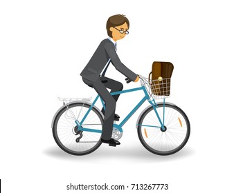 Business man riding bike on white background. Young man in business clothes with a bag. Bicycle with basket. Vector illustration.