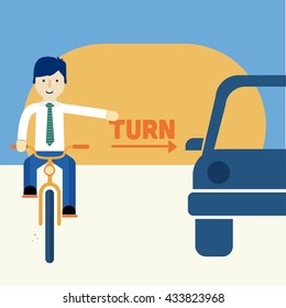 Business man riding a bike. Transit laws. Traffic rules.