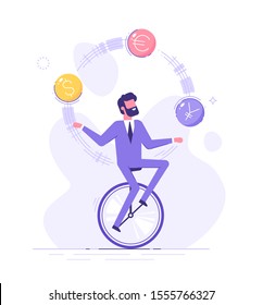 A business man is riding on unicycle and juggling different currency signs. Currency exchange service and trading concept. Flat vector illustration.