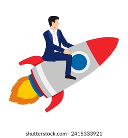 business man riding a rocket which symbolizes the high achievements achieved, and pursuing company targets. great for business themed designs